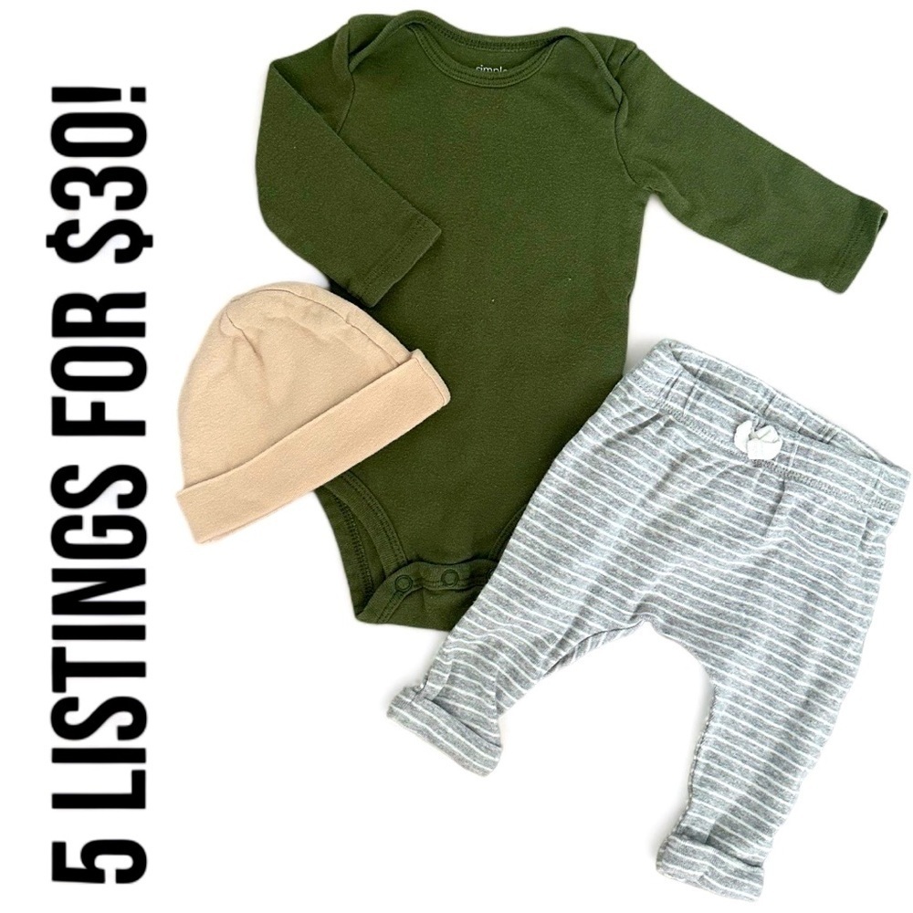 Carter’s 0-3 Month Baby Boy 3 piece matching outfit set
Pants bodysuit & hat